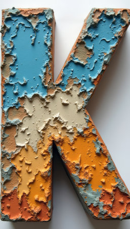 A striking, oversized letter K showcases a unique textured surface, blending shades of blue, beige, and orange. This artistic piece captures attention with its dynamic colors and tactile quality, making it a perfect focal point for creative projects or modern decor.の素材