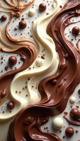 An artistic arrangement of rich, flowing chocolate and smooth white chocolate creates a tantalizing visual feast. The contrasting colors and textures evoke a sense of indulgence, inviting chocolate lovers to savor the delightful experience.の素材