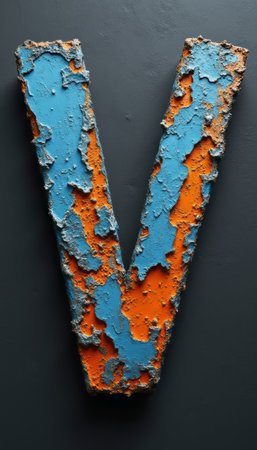 A striking letter V, adorned with a textured surface of vibrant blue and orange hues, stands out against a deep, dark backdrop. The weathered appearance adds a sense of character and uniqueness, making it a captivating focal point for design and artistic expression.の素材