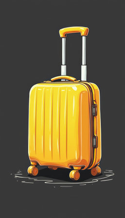 A sleek, vibrant yellow suitcase stands against a dark background, exuding a sense of excitement and wanderlust. Its modern design and shiny surface reflect a spirit of travel, inviting explorers to embark on new journeys.の素材