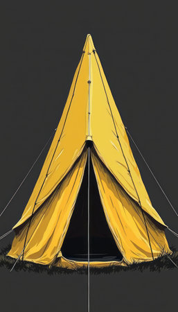 A striking yellow tent stands tall, its vibrant color contrasting beautifully with the deep, dark backdrop. This image evokes a sense of adventure and exploration, inviting viewers to imagine the stories and experiences that await inside.の素材