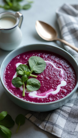 A stunning bowl of rich purple soup is elegantly garnished with fresh spinach leaves and a swirl of cream, creating a feast for the eyes. This visually appealing dish embodies health and flavor, perfect for a cozy meal or a gourmet dining experience.の素材