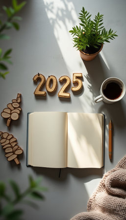 This inviting scene captures a serene workspace with an open notebook ready for new ideas, accompanied by a warm cup of coffee and decorative wooden numbers. The soft sunlight casts gentle shadows, enhancing the tranquil atmosphere, perfect for planning and reflection as the new year approaches.の素材