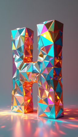 A stunning, three-dimensional letter H crafted from reflective, faceted surfaces captures light in a dazzling display of colors. The interplay of hues creates a mesmerizing effect, making this piece a striking focal point for modern design and branding.の素材