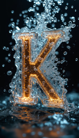 A stunning letter K glimmers with golden sparkles as it emerges from a cascade of crystal-clear water droplets. This captivating image captures the dynamic interplay of light and water, evoking a sense of freshness and creativity.の素材