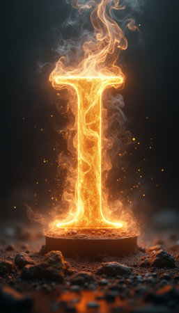 A striking letter I glows with fiery brilliance, emanating warmth and energy amidst a backdrop of swirling smoke and textured ground. This captivating image evokes a sense of power and creativity, inviting viewers to explore the fiery essence of individuality and inspiration.の素材