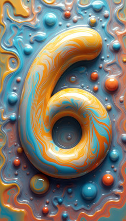 A vibrant, three-dimensional number six emerges from a mesmerizing backdrop of swirling colors and glossy bubbles. The playful combination of orange and blue hues creates a dynamic visual experience, evoking a sense of creativity and fun.の素材