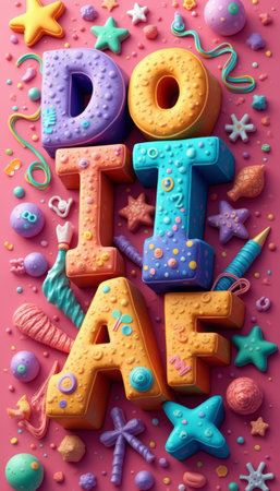 This vibrant image features oversized, textured letters in pastel colors, playfully arranged against a pink background. Surrounded by an array of delightful candy shapes and playful elements, it evokes a sense of fun and creativity, perfect for inspiring action and positivity.の素材