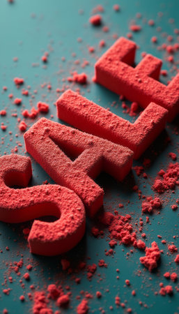 The striking red letters spelling SALT stand out against a deep teal background, creating a vibrant contrast. The surrounding fine red powder adds a playful touch, evoking a sense of culinary creativity and excitement in the kitchen.の素材