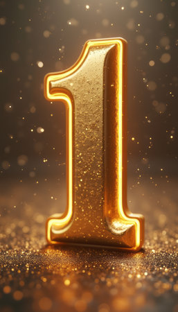 A stunning golden number one stands tall, radiating brilliance amidst a cascade of shimmering particles. This captivating image evokes feelings of celebration and achievement, perfect for marking milestones and special occasions.の素材
