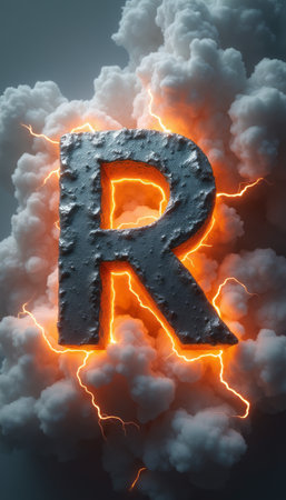 A striking metallic letter R emerges from a backdrop of swirling, luminous clouds, radiating an electrifying energy. The vibrant orange glow and crackling lightning create a dynamic atmosphere, symbolizing power and creativity.の素材