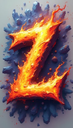 A striking letter Z emerges from a rocky background, engulfed in vibrant flames that dance and flicker. This dynamic image captures the essence of energy and creativity, making it perfect for projects that demand attention and excitement.の素材