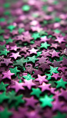 A dazzling array of star-shaped confetti in vibrant purple and green hues creates a festive and playful atmosphere. The shimmering texture and rich colors evoke a sense of celebration, perfect for parties or special occasions.の素材