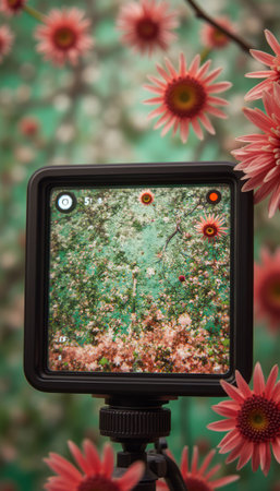 A stunning view of vibrant pink flowers framed within a camera display, set against a dreamy green backdrop. This artistic composition beautifully merges nature and technology, inviting viewers to appreciate the delicate beauty of blossoms captured in a unique perspective.の素材