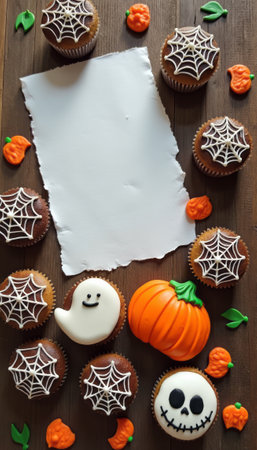 A delightful arrangement of Halloween-themed cupcakes features intricate spiderweb designs, a ghost, and a pumpkin, surrounded by playful orange decorations. This festive scene captures the spirit of Halloween, inviting sweet treats and creativity into your celebrations.の素材