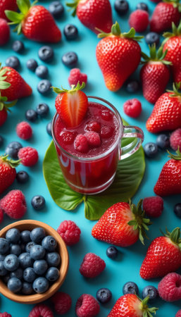 A delightful berry smoothie sits in a clear glass, adorned with fresh strawberries and raspberries, surrounded by a colorful array of strawberries and blueberries. This vibrant composition bursts with freshness and flavor, inviting you to indulge in a refreshing taste of summer.の素材