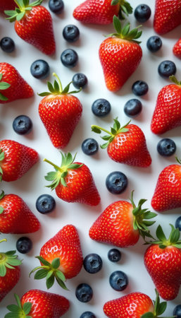 A delightful arrangement of plump, red strawberries and deep blue blueberries creates a visually stunning display. This colorful composition evokes feelings of freshness and health, perfect for summer recipes or vibrant desserts.の素材