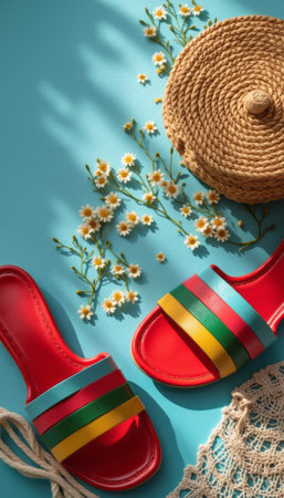 A vibrant pair of red sandals adorned with colorful stripes rests on a bright turquoise background, accompanied by a charming woven basket and scattered daisies. This lively composition evokes a sense of summer joy and carefree days, perfect for beach outings or sunny picnics.の素材