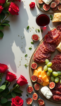A stunning charcuterie board showcases an array of gourmet meats, cheeses, and fresh fruits, beautifully complemented by vibrant red roses. This inviting spread, perfect for gatherings, exudes romance and sophistication, making it an ideal centerpiece for any celebration.の素材