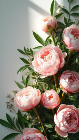 A stunning arrangement of soft pink peonies, elegantly nestled among vibrant green leaves, creates a serene and inviting atmosphere. The gentle interplay of light and shadow enhances the beauty of these blossoms, evoking feelings of tranquility and romance.の素材
