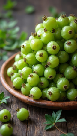 A bountiful display of vibrant green gooseberries rests on a textured wooden plate, surrounded by lush green leaves. This image captures the essence of freshness and natures bounty, inviting viewers to savor the delightful taste of these juicy fruits.の素材