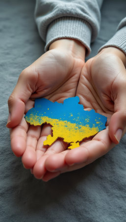 A pair of gentle hands hold a vibrant map of Ukraine, painted in striking blue and yellow hues. This poignant image symbolizes care and support for the nation, evoking feelings of unity and hope amidst challenges.の素材