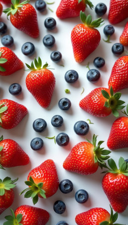A delightful arrangement of plump, red strawberries and vibrant blueberries creates a visually stunning display. This colorful composition evokes feelings of freshness and health, perfect for summer recipes or vibrant desserts.の素材