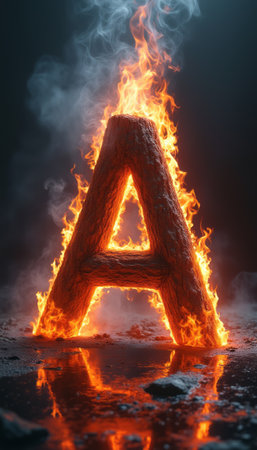 A striking letter A stands tall, ablaze with vibrant flames that dance around its textured surface, creating a dramatic visual spectacle. The fiery glow reflects off a dark, wet surface, enhancing the intensity and evoking a sense of power and transformation.の素材