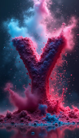 A striking letter Y emerges from a vibrant cloud of pink and blue powder, creating a captivating visual spectacle. The dynamic interplay of colors and textures evokes a sense of creativity and energy, inviting viewers to explore the essence of expression and individuality.の素材