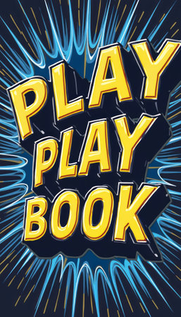 This eye-catching design features bold, three-dimensional lettering that reads Play Play Book, radiating energy against a striking dark background. The vivid blue and yellow colors create a playful atmosphere, inviting viewers to engage with the concept of fun and creativity.の素材