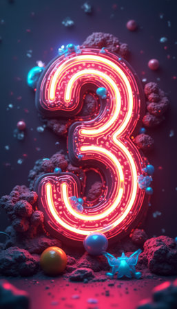 A striking neon number three radiates vibrant colors against a dark, textured background filled with whimsical cosmic elements. This captivating scene combines modern design with a playful atmosphere, inviting viewers to explore a world of creativity and imagination.の素材