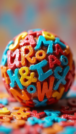 A vibrant sphere made of playful, multicolored alphabet letters captures the essence of creativity and fun. The lively arrangement of letters in bright hues of red, blue, yellow, and orange evokes a sense of joy and imagination, perfect for educational themes or childrens activities.の素材