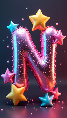A vibrant 3D letter N in glossy pink, surrounded by playful stars and bubbles, radiates joy and creativity. This eye-catching design is perfect for celebrations, childrens events, or any fun-themed project, inviting a sense of whimsy and excitement.の素材