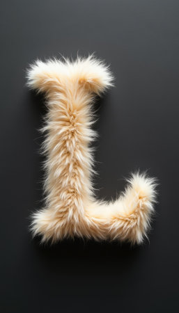 A whimsical, fluffy letter L crafted from soft, cream-colored fur stands out against a sleek black background. This playful design adds a touch of warmth and creativity, perfect for personalizing spaces or projects.の素材