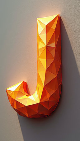 A striking, three-dimensional letter J crafted from angular, geometric shapes stands out against a neutral wall. The vivid orange hue radiates warmth and creativity, making it an eye-catching focal point that adds a modern touch to any space.の素材