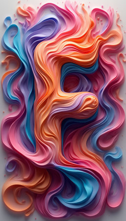 A stunning 3D representation of the letter E emerges from a backdrop of swirling pastel colors, creating a playful and dynamic visual. The flowing patterns and rich hues evoke a sense of creativity and joy, inviting viewers to explore the beauty of artistic expression.の素材