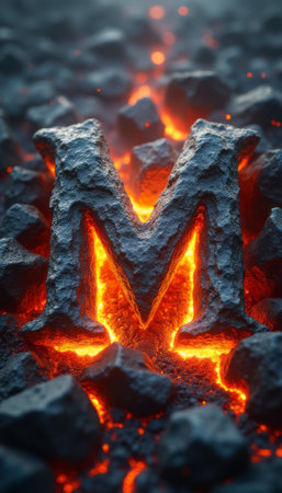 A striking letter M emerges from a bed of dark, jagged stones, illuminated by a fiery glow that radiates warmth and intensity. This captivating image evokes a sense of power and transformation, symbolizing strength and resilience against a backdrop of molten lava.の素材