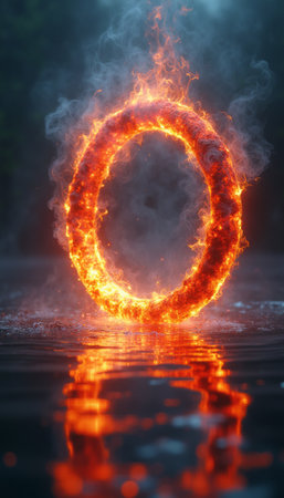 A stunning ring of fire hovers above a tranquil water surface, creating a mesmerizing reflection that dances with vibrant colors. The ethereal glow and swirling smoke evoke a sense of magic and wonder, inviting viewers to explore the boundary between reality and fantasy.の素材
