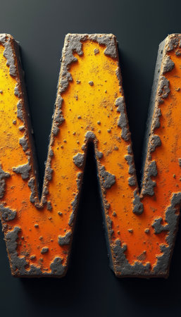 The image showcases a bold, oversized letter W in a striking orange hue, adorned with a rugged, weathered texture that adds depth and character. This artistic representation evokes a sense of vintage charm and industrial flair, making it perfect for creative projects that seek to convey a sense of uniqueness and personality.の素材