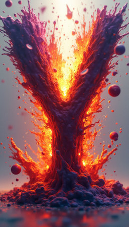 An eye-catching, fiery letter Y bursts forth from a dynamic explosion of vivid colors and textures, creating a captivating visual spectacle. This striking image embodies energy and creativity, inviting viewers to explore the power of expression and imagination.の素材