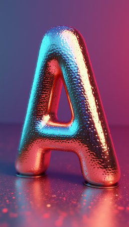 A striking metallic letter A stands prominently against a softly illuminated background, showcasing a mesmerizing blend of blue and pink hues. The glossy surface, adorned with textured patterns, captures light beautifully, creating an eye-catching focal point that radiates modernity and creativity.の素材