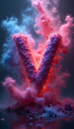 A stunning visual of vibrant pink and blue powder swirling dramatically to create the letter V, set against a dark backdrop. This captivating image evokes a sense of energy and creativity, showcasing the beauty of color and movement in a mesmerizing display.の素材