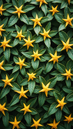 A stunning aerial view showcases a tapestry of vibrant yellow star-shaped flowers interspersed with rich green foliage. This captivating arrangement creates a harmonious blend of colors, evoking feelings of joy and tranquility in natures embrace.の素材