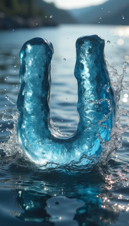 A stunning blue letter U emerges from the water, creating a captivating splash that glimmers in the sunlight. This artistic representation blends creativity with nature, evoking feelings of joy and playfulness in a serene aquatic setting.の素材
