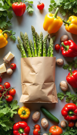 A delightful arrangement of vibrant vegetables, including asparagus, bell peppers, and cherry tomatoes, creates a fresh and inviting scene. The earthy tones of the paper bag and the lush greenery evoke a sense of health and vitality, perfect for culinary inspiration.の素材