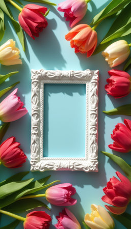 A beautifully ornate white frame sits at the center, surrounded by a colorful array of tulips in shades of pink, red, yellow, and orange. This delightful composition evokes feelings of springtime joy and creativity, inviting viewers to imagine the memories that could be captured within the frame.の素材