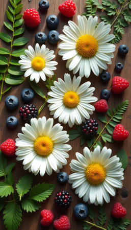 This stunning flat lay features cheerful white daisies surrounded by an array of fresh berries, including blueberries, raspberries, and blackberries, all set against a rustic wooden backdrop. The combination of bright flowers and luscious fruits creates a delightful celebration of natures bounty, evoking feelings of freshness and joy.の素材