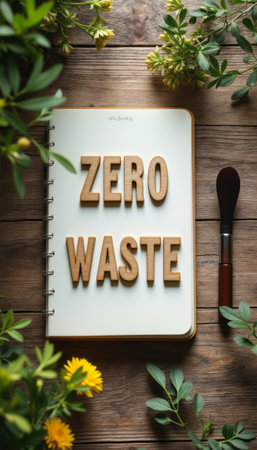 A beautifully arranged scene features a notebook with the bold phrase ZERO WASTE crafted from natural wood, set against a rustic wooden background. Surrounded by vibrant green foliage and yellow flowers, this image promotes sustainability and eco-conscious living, inviting viewers to embrace a greener lifestyle.の素材