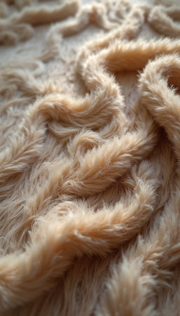 A luxurious beige fur blanket cascades softly, creating a warm and inviting texture that beckons for comfort. The gentle waves and plush fibers evoke a sense of serenity and relaxation, perfect for cozy evenings.の素材