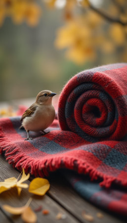 A delightful little bird stands next to a rolled-up plaid blanket, surrounded by fallen autumn leaves. This serene scene captures the essence of warmth and tranquility, inviting viewers to embrace the beauty of nature and cozy moments.の素材